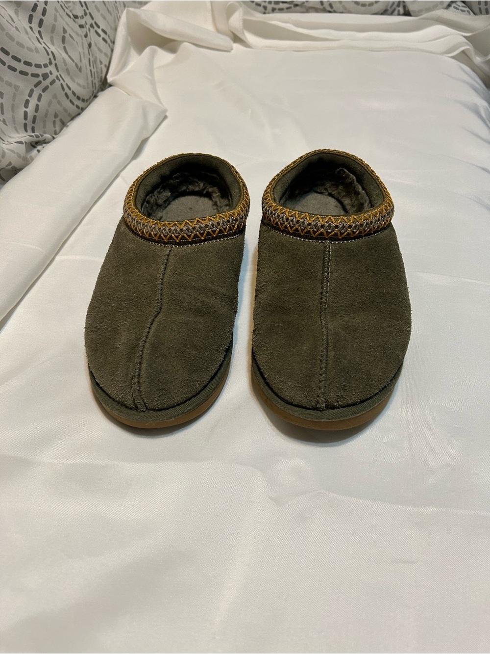 UGG Olive Green Suede Slip-On Clog Slippers with Trim